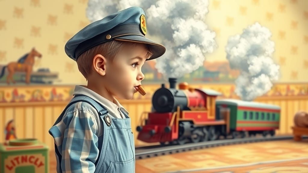 Boy with Toy Train in Nostalgic Americana Scene