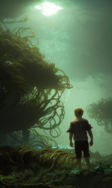 Boy Lifted by Glowing Plants: Dark Fantasy Art
