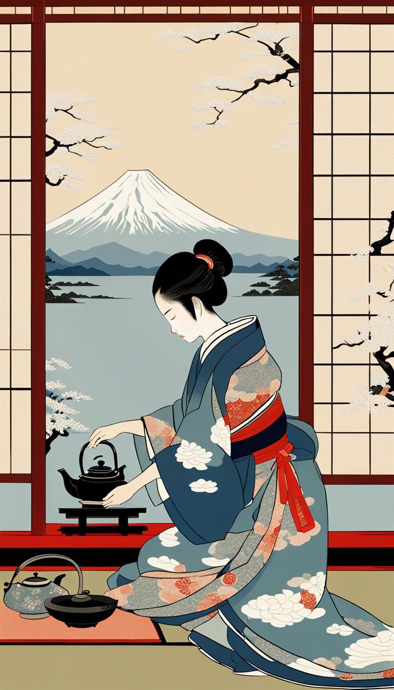 Ukiyo-e Girl Pours Tea with Fuji View