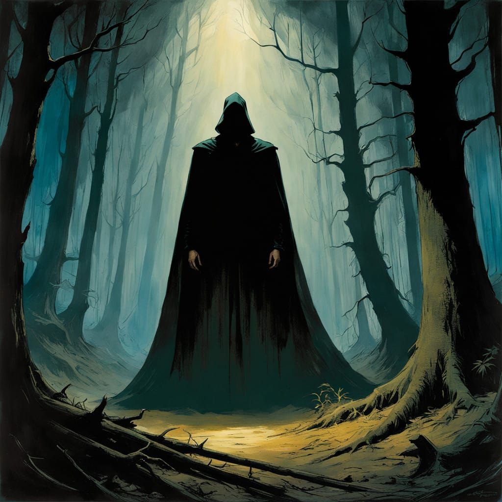 Dark Tree Silhouette in an Eldritch Forest, Horror Illustrat...