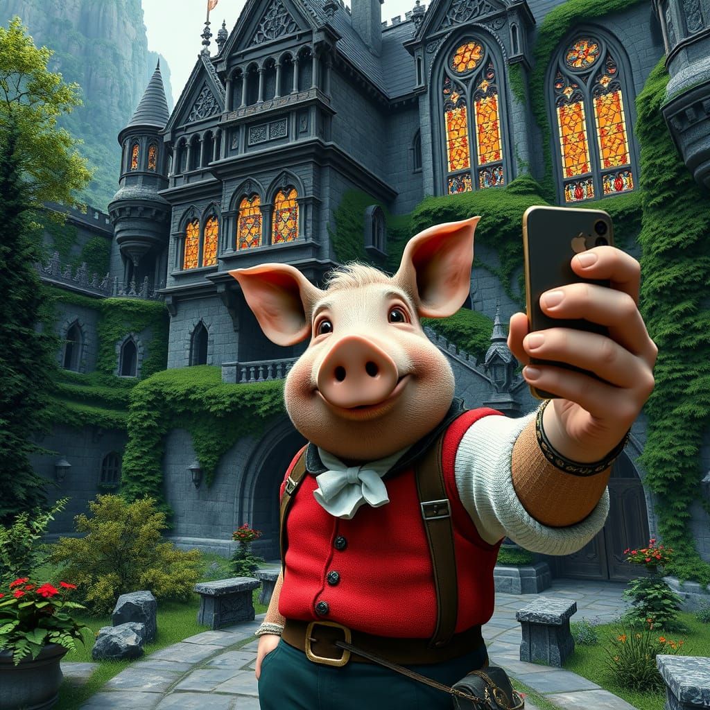 Pig-Man Hybrid Selfie at Medieval Castle