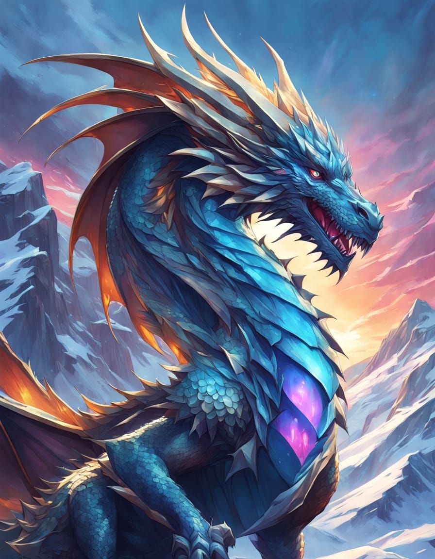 Crystal Dragon on Snow Mountain at Sunset