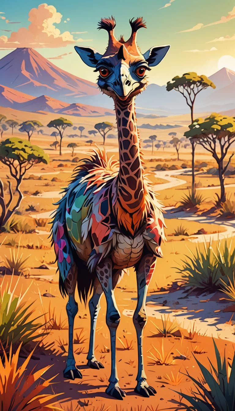 Whimsical Cartoon Emu Giraffe in Savannah