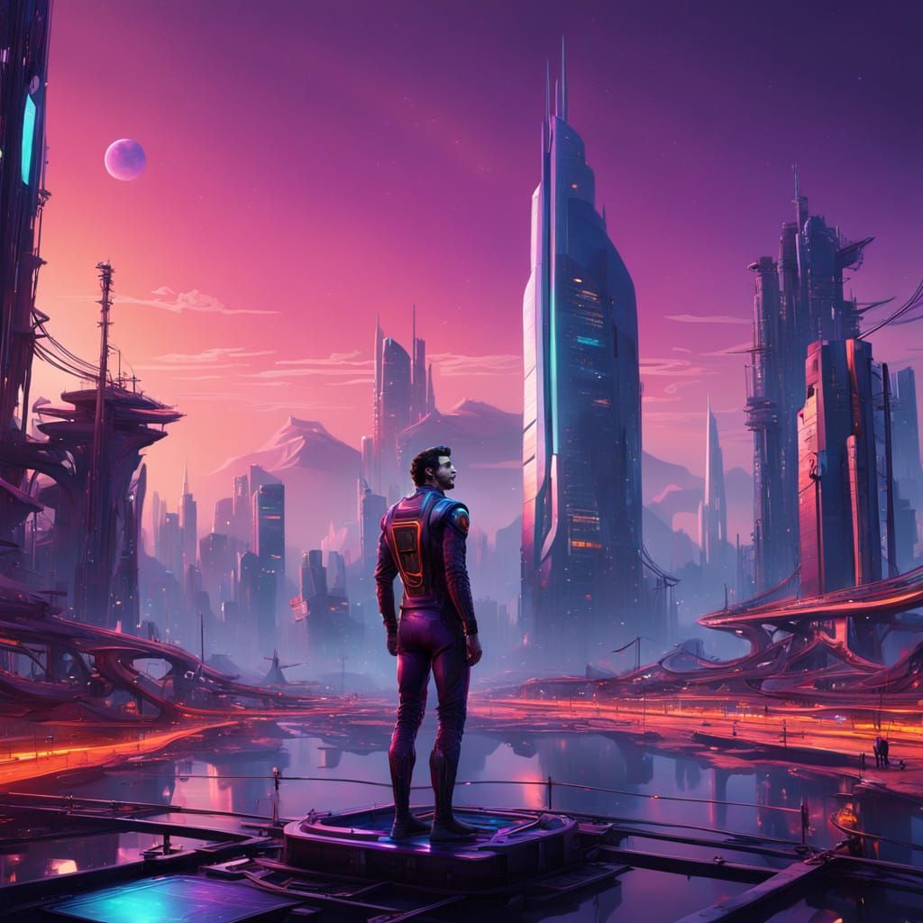 Sleek Futuristic Hero in Neon-Lit Metropolis