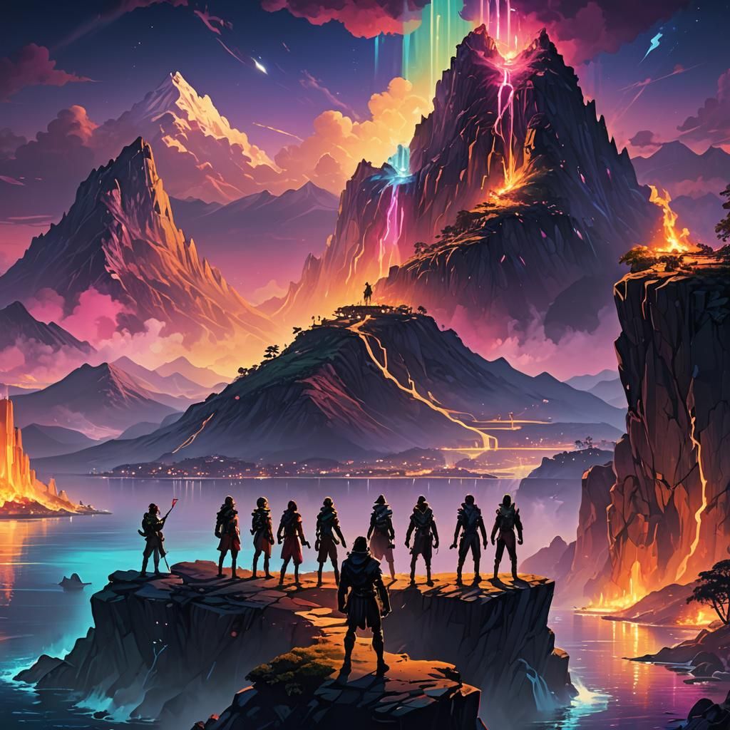 Fantasy Landscape with Iridescent Mountain at Night