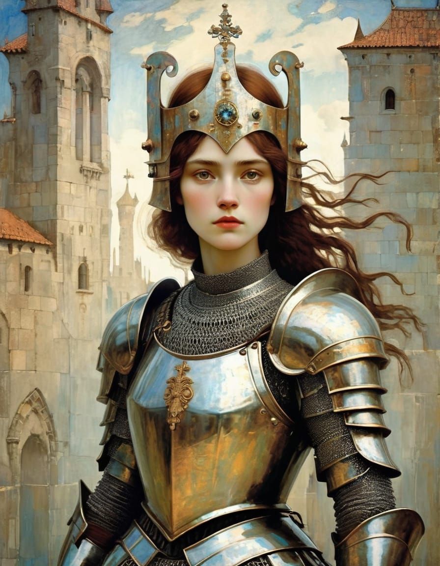 Armored Female Knight in Art Nouveau Style