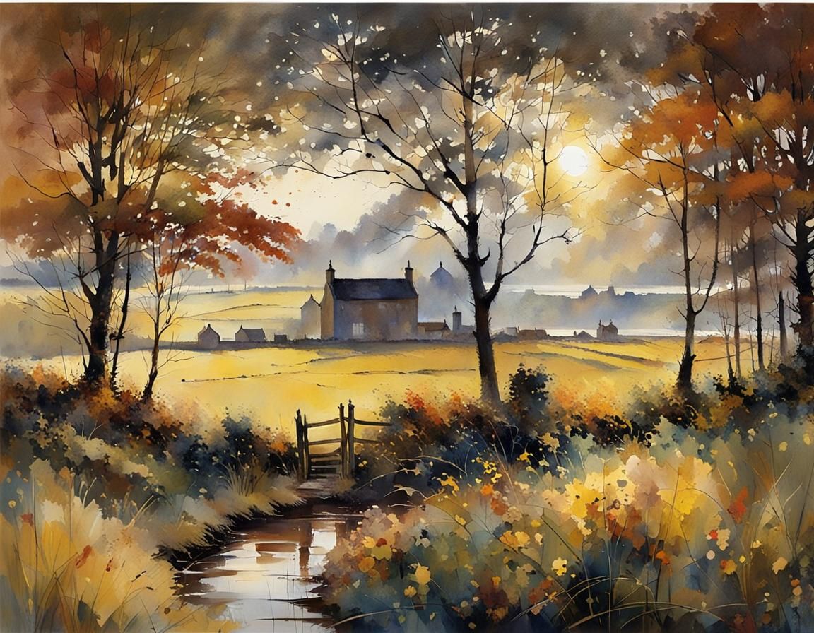 Scottish Autumn Landscape Shines After Rain, Watercolor Styl...