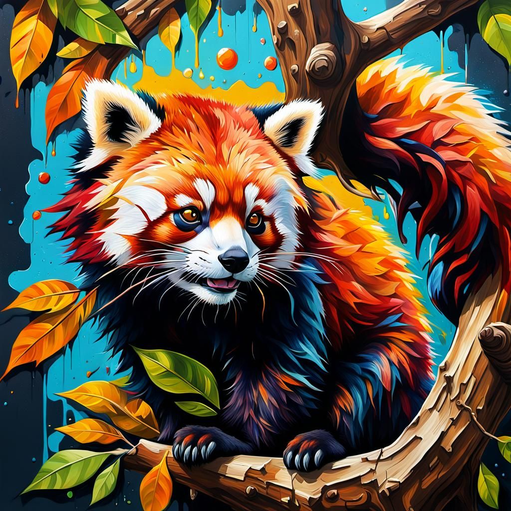 Red Panda Family in Vibrant Street Art Style