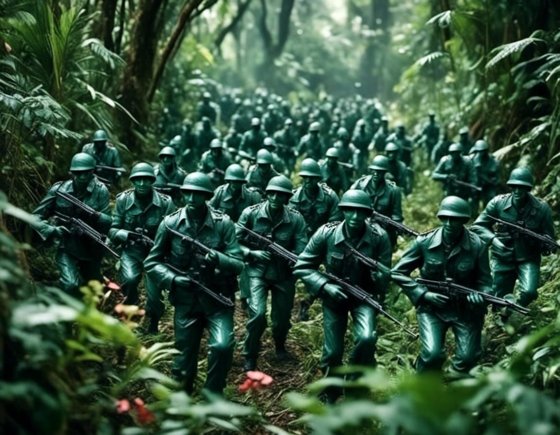 Plastic Army Men March Through Jungle in Dark Fantasy Style