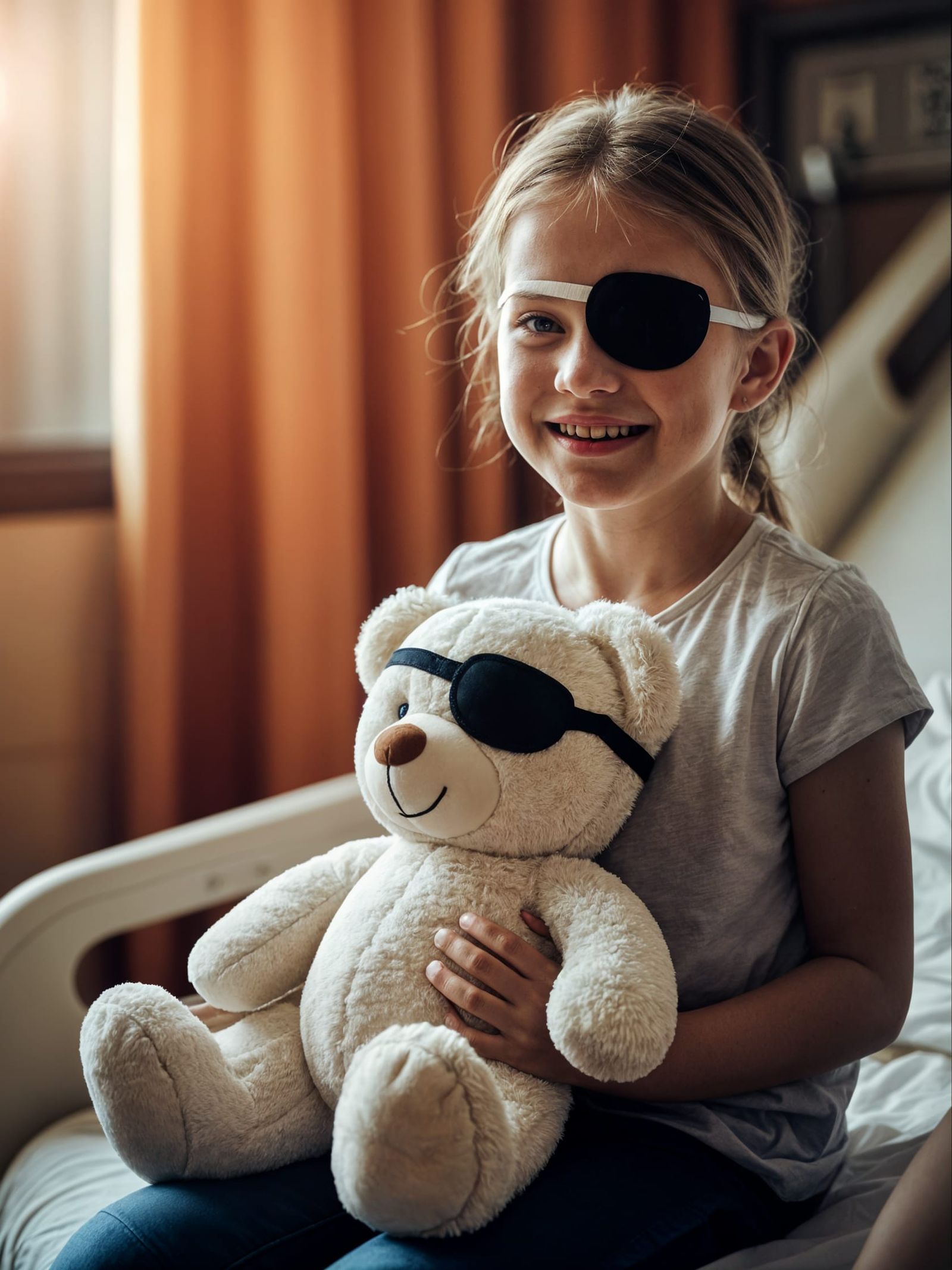 Whimsical Hospital Scene with Smiling Girl and Eyepatch-Wear...