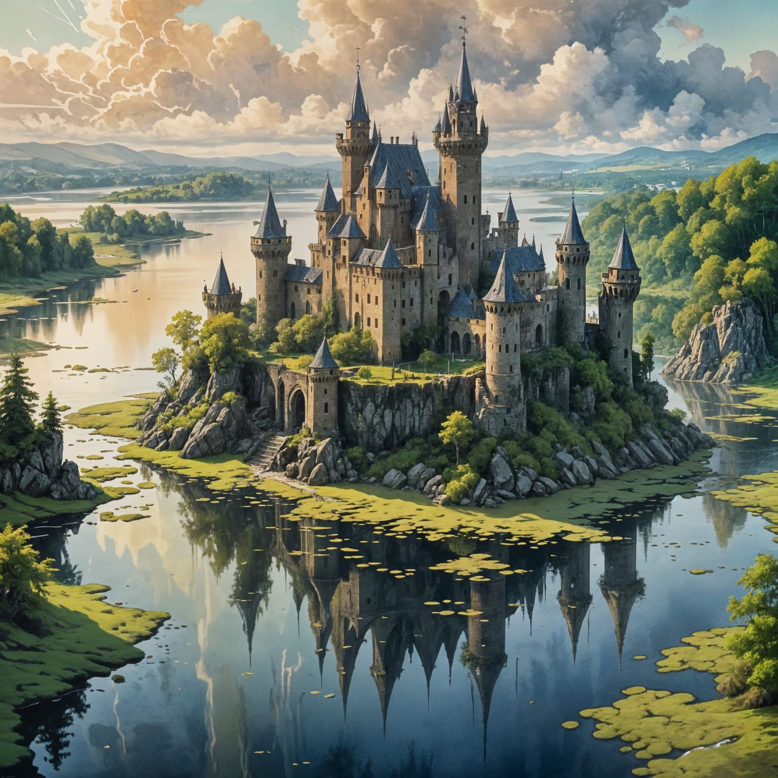 Whimsical Castle Ruins in a Serene Water-Landscape