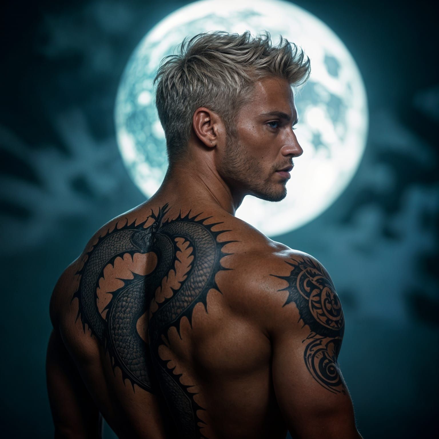 Man with Dragon Tattoo in Moonlight, Cinematic Style