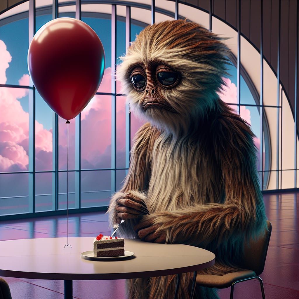 Sad Furry Creature Longing for Cake in Futuristic City