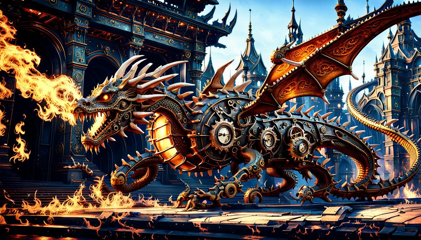 Intricate Steampunk Dragon Fantasy Concept Art