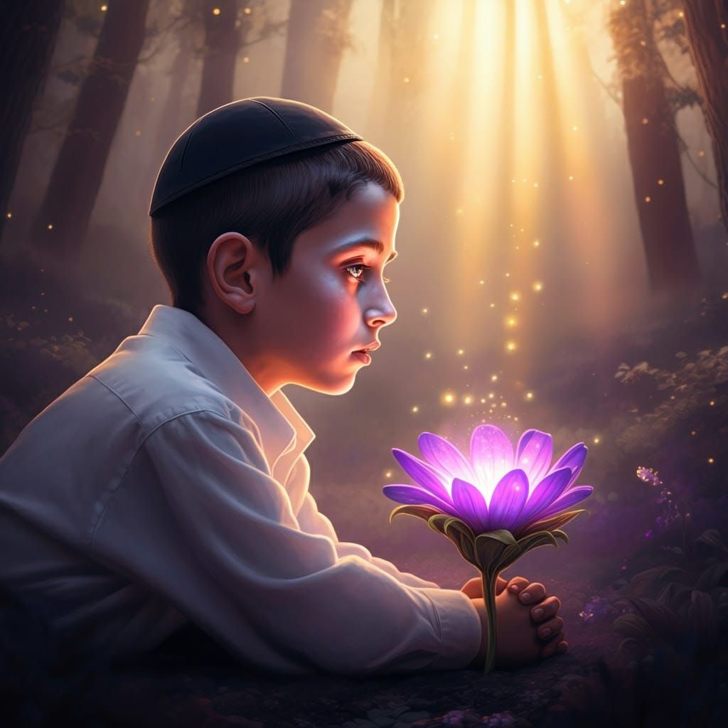 Ultra-Orthodox Boy in Enchanted Forest, Gazing at Blooming F...