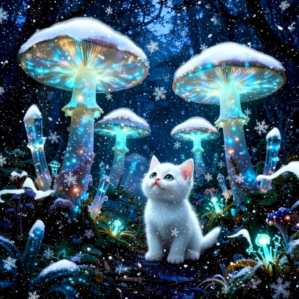 Bioluminescent Forest at Twilight with Crystalline Mushrooms