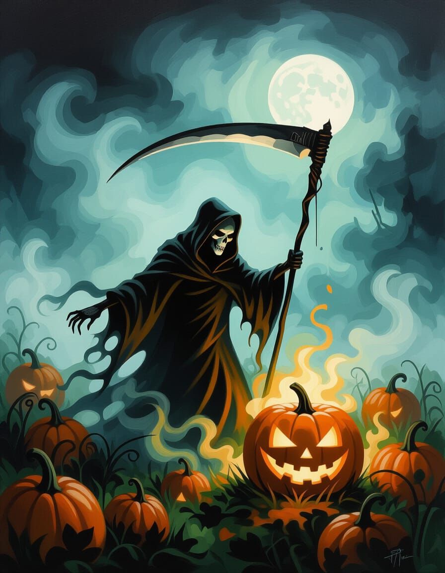 Grim Reaper Harvesting Souls in Misty Pumpkin Patch