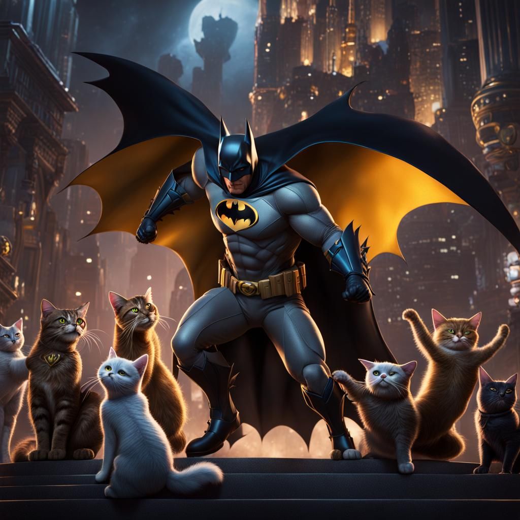 Cat Batman Tickling Villains: Detailed Fantasy Art