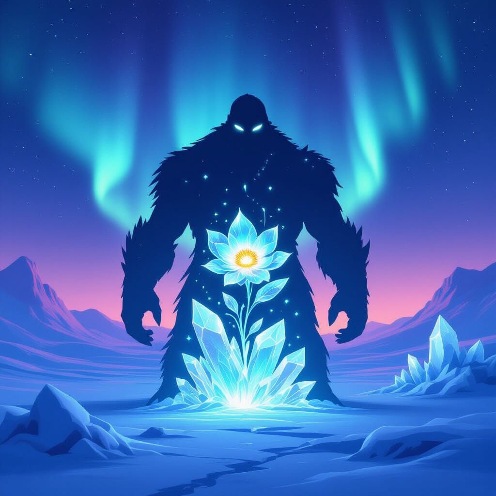 Glimmering Ice Golem Guarding Bioluminescent Flower