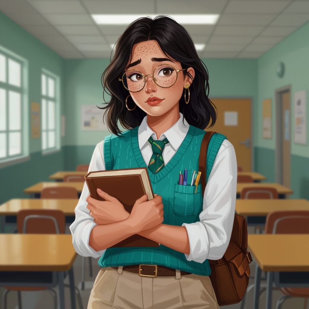 Freckled Woman Hugging Book in School Hallway