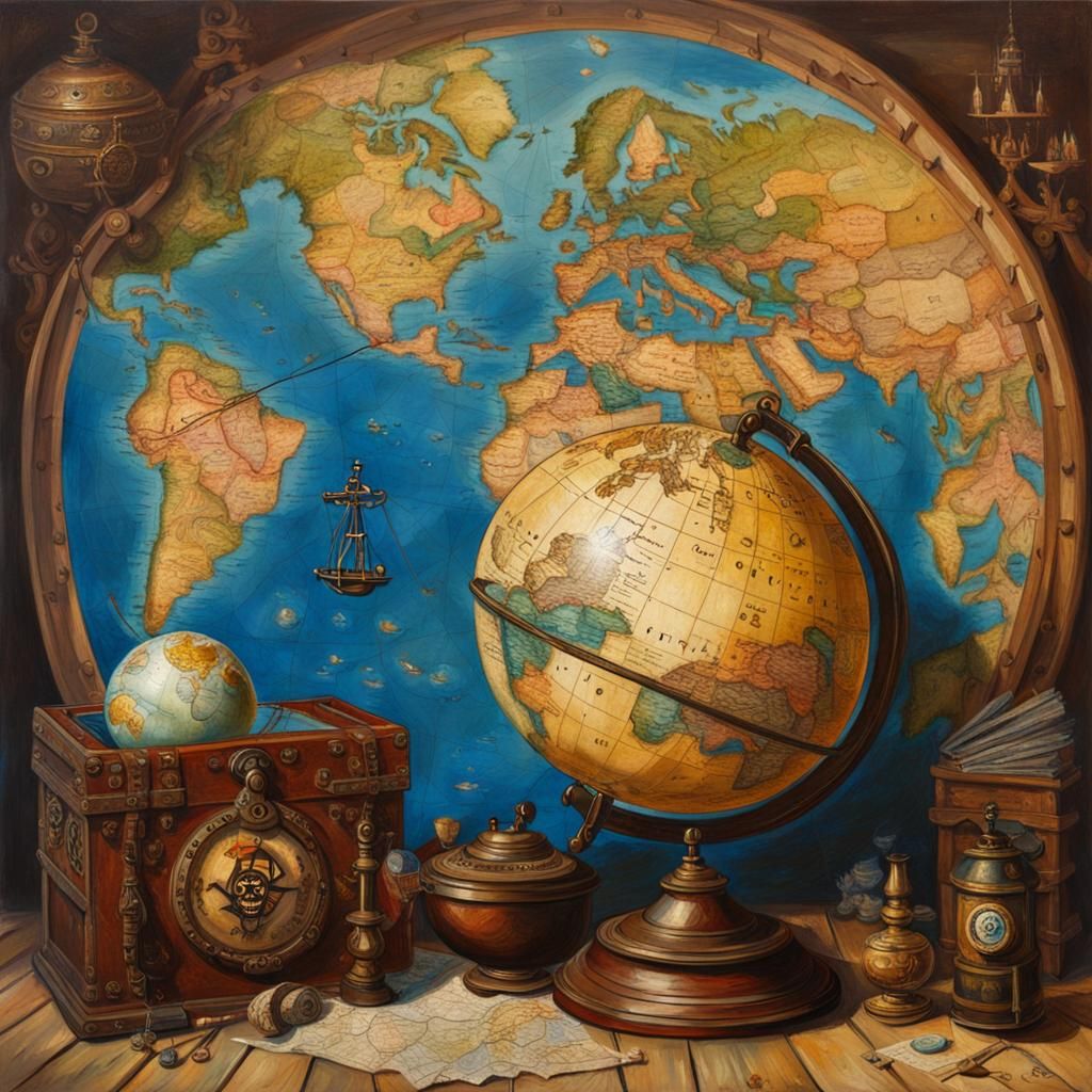 Pirate Map and Globe in Oil Painting Style