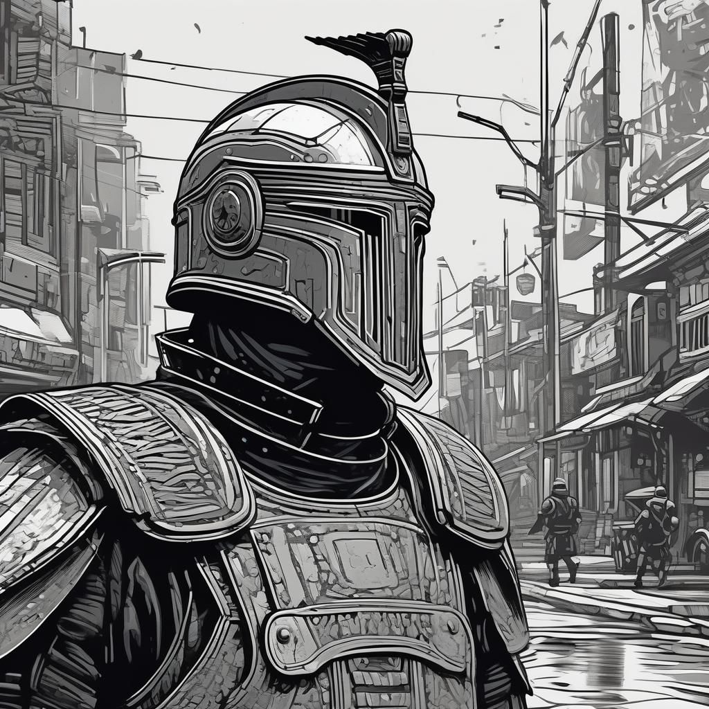 Cyberpunk Roman Guard in Gothic Horror Linocut Style