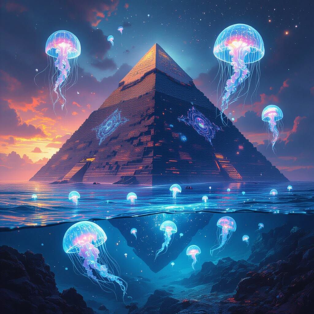 Ancient Pyramid Submerged in Bioluminescent Ocean