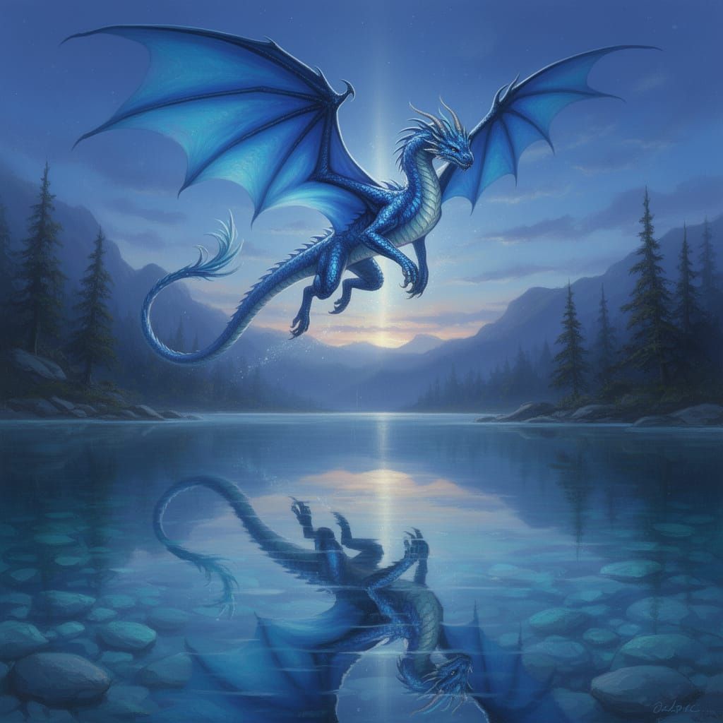 Sapphire Dragon Soars Over Mirror Lake