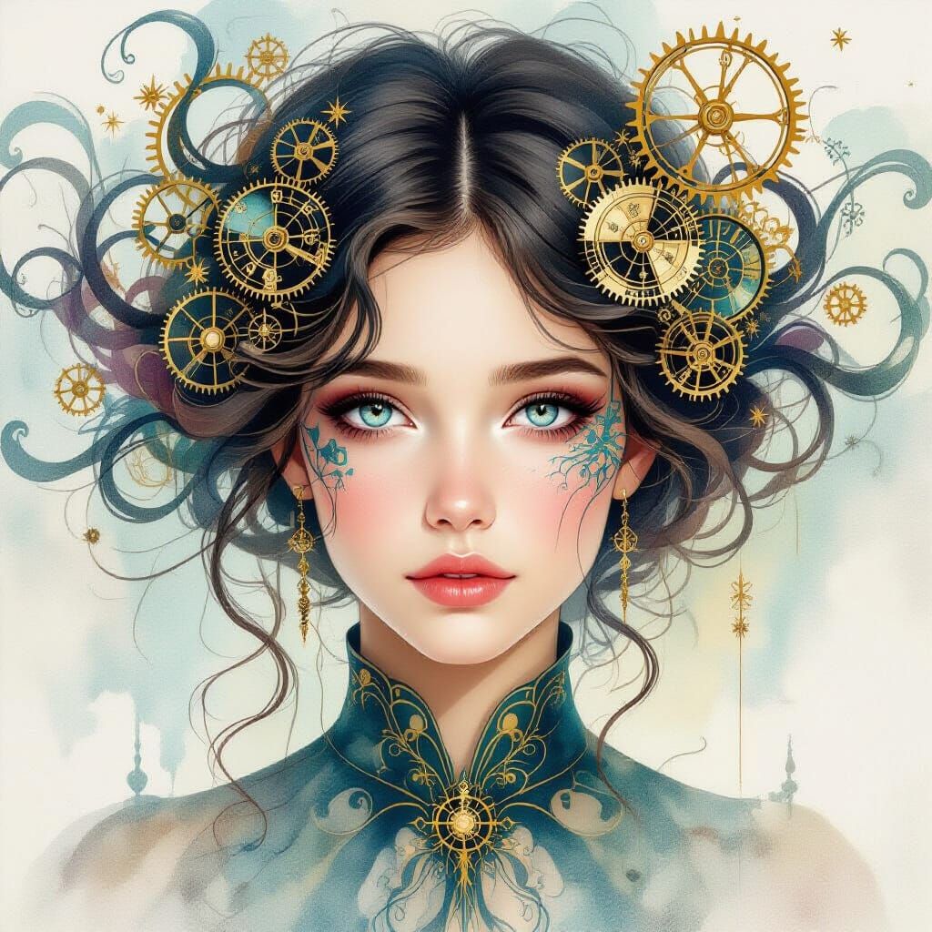 Ethereal Portrait: Woman with Clockwork Hair in Art Nouveau ...