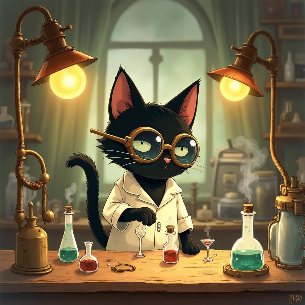 Steampunk Feline Scientist in Whimsical Watercolor