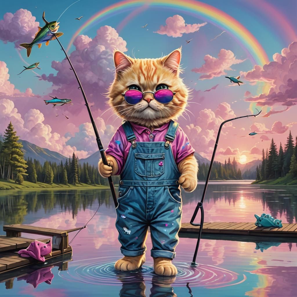 Cat Fisherman with Rainbow in Baroque Style