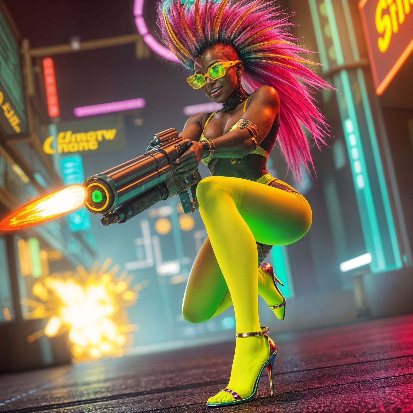 Cyberpunk Woman with Missile Launcher in Neon City