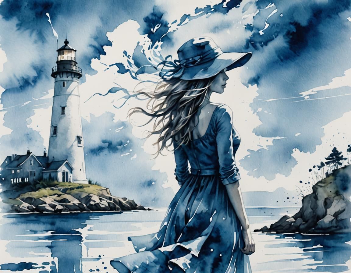 Monochromatic Blue Watercolor Girl by Lighthouse