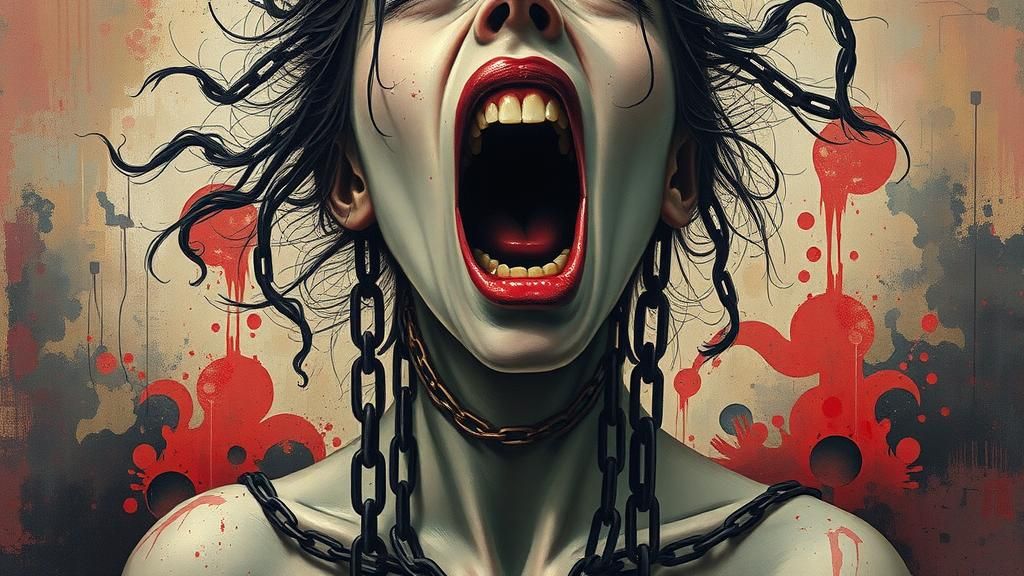 Anguished Woman with Chains in Surreal Horror Landscape