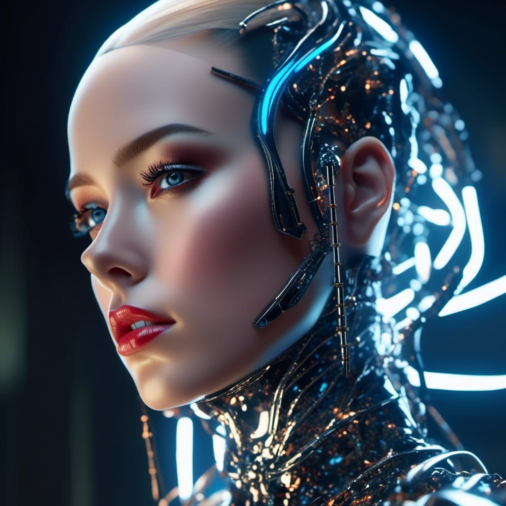 Android Woman with Cyberpunk Bioluminescence in Sorayama Sty...