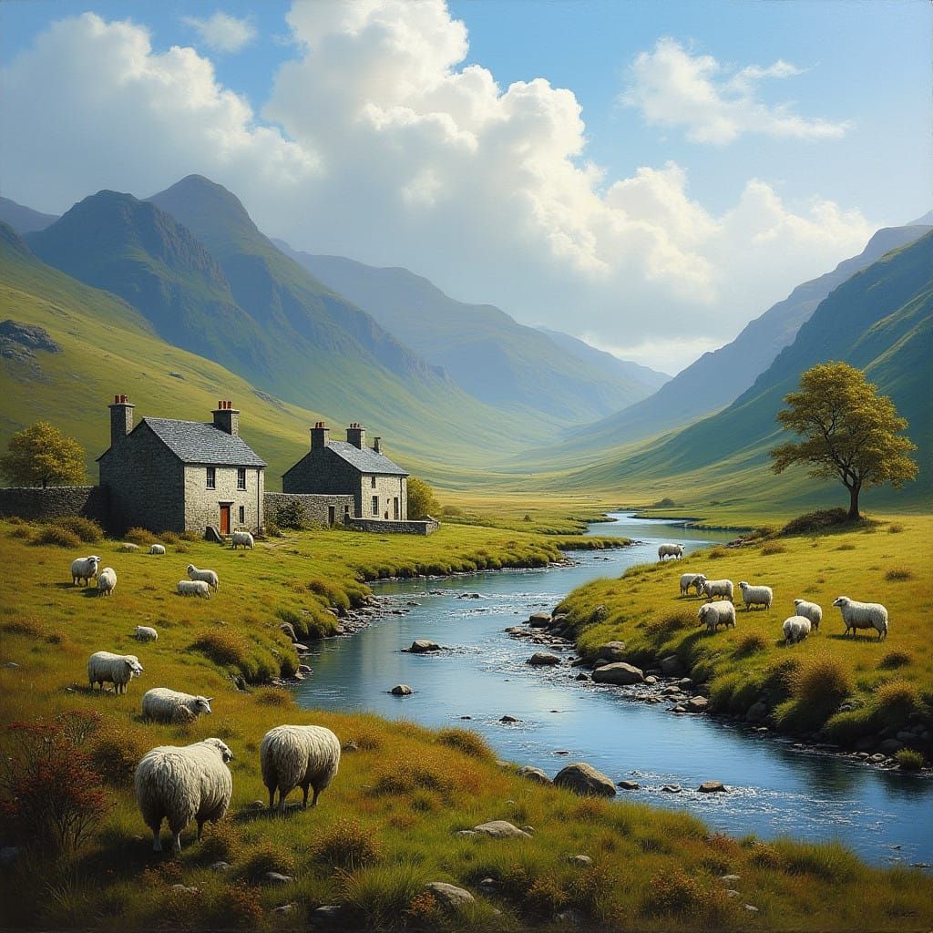 Idyllic Scottish Highland Landscape with Rolling Hills and M...