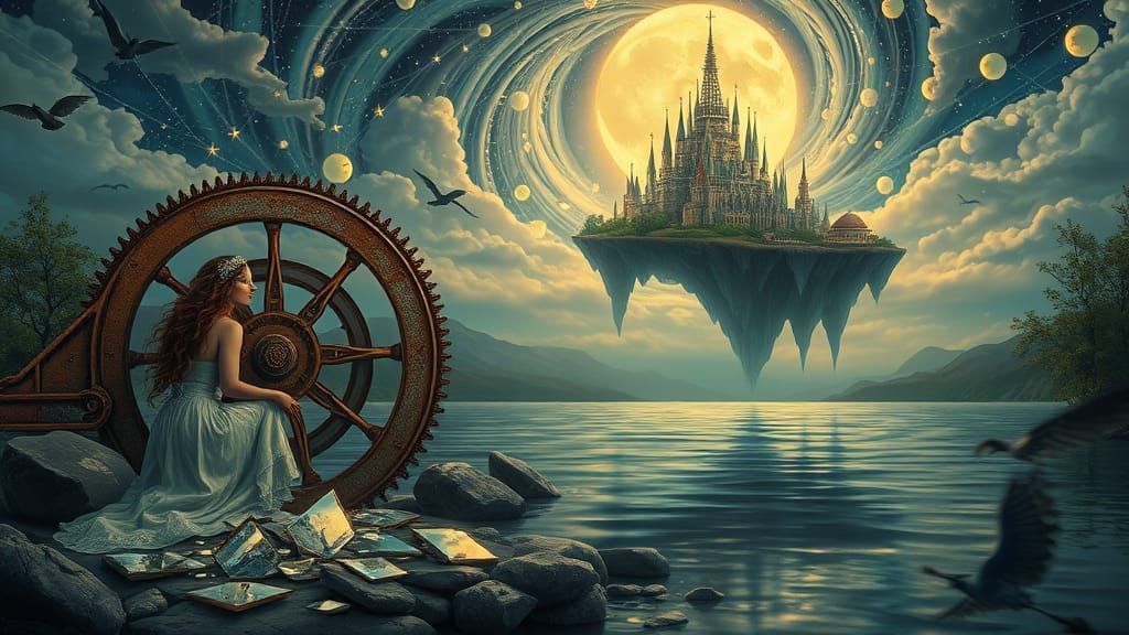 Surreal Waterwheel Landscape Reflects Art Nouveau and Steamp...