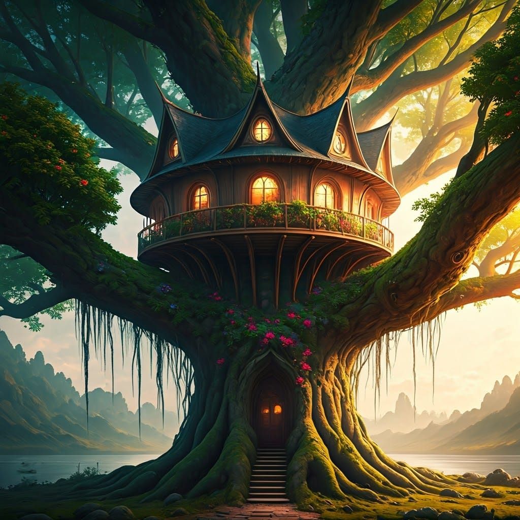 Vibrant Treehouse Oasis in Solarpunk Haven