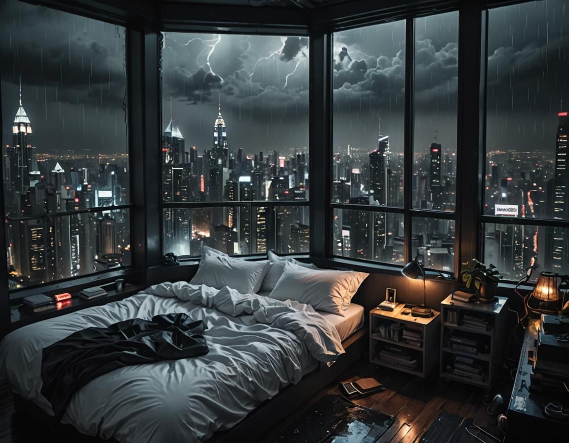 Cyberpunk Bedroom View from Skyscraper in Storm