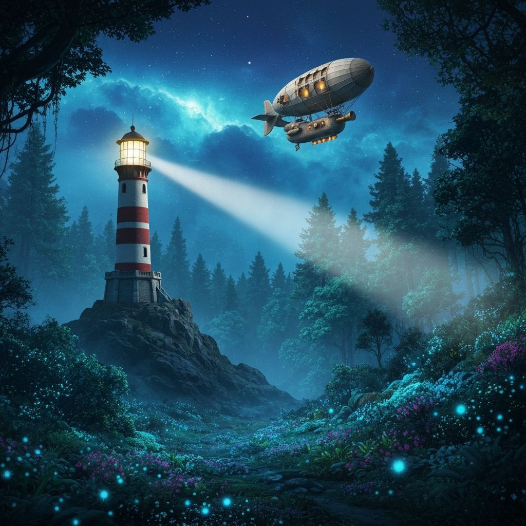 Steampunk Airship Over Bioluminescent Forest