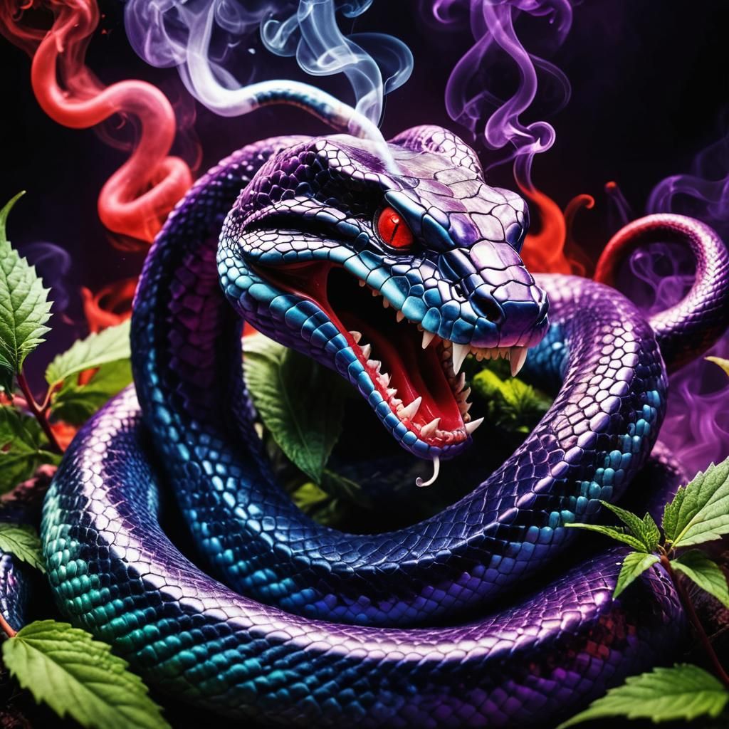 smoking weed, red and purple smoke, temptation, snake, apple