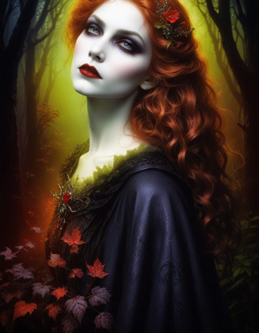 Gothic Vampire Queen in Dark Fantasy Forest under Magical Mo...