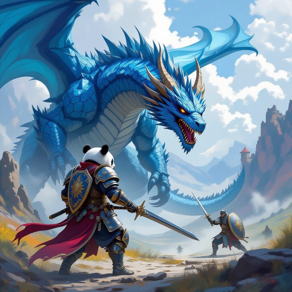 Warforged Panda Fighter Battling Blue Dragon