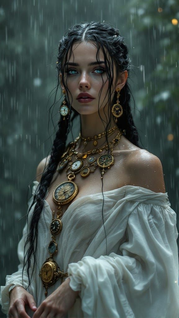 Mystical Stormborn Oracle in Ethereal Rainy Ambiance