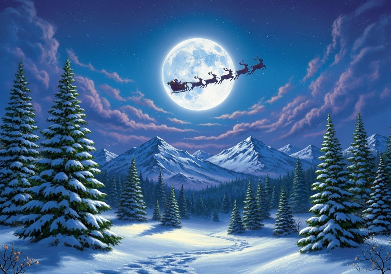 Magical Winter Night Sky with Santa Flying Over Forest