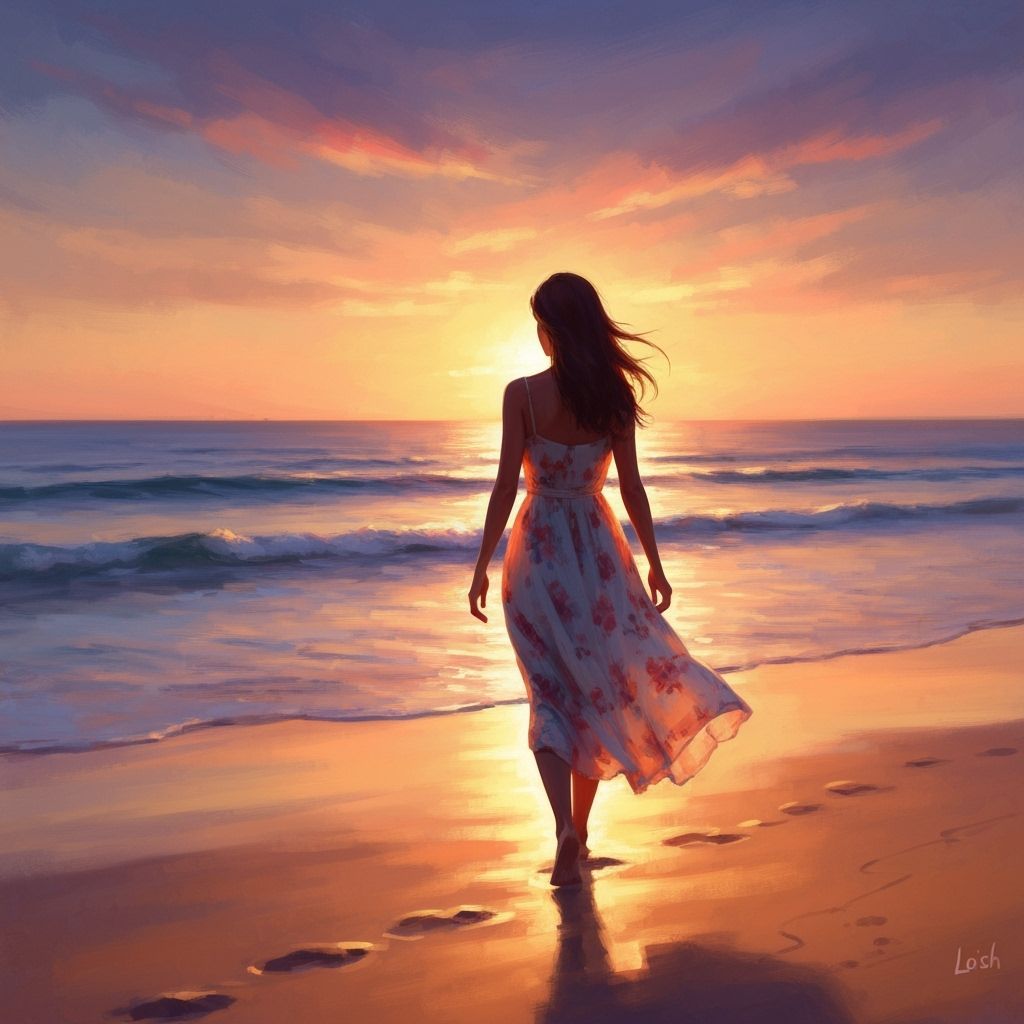 Woman on Beach at Sunset in Impressionistic Style