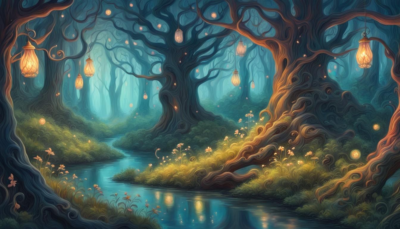 Whimsical Fantasy Forest at Twilight: Detailed Matte Paintin...