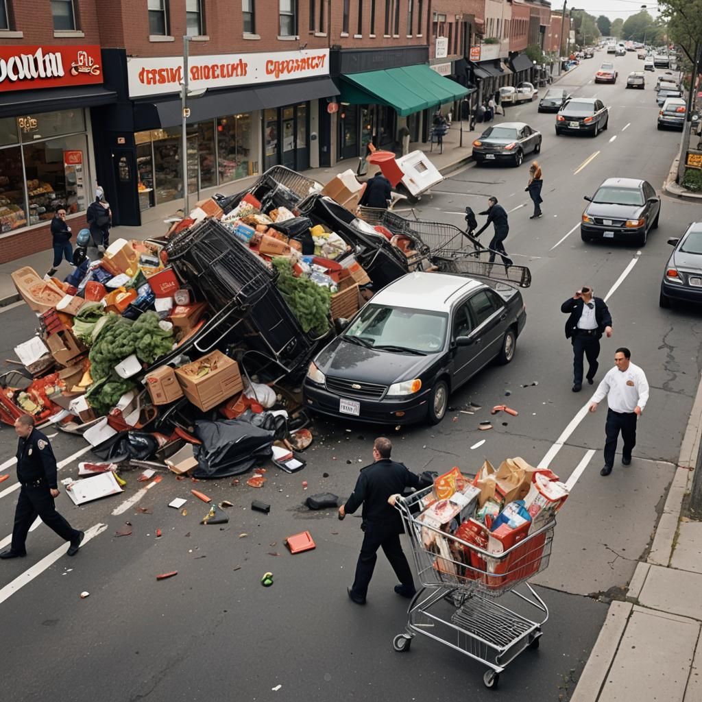 Chaotic Shopping Cart Crash Street Scene