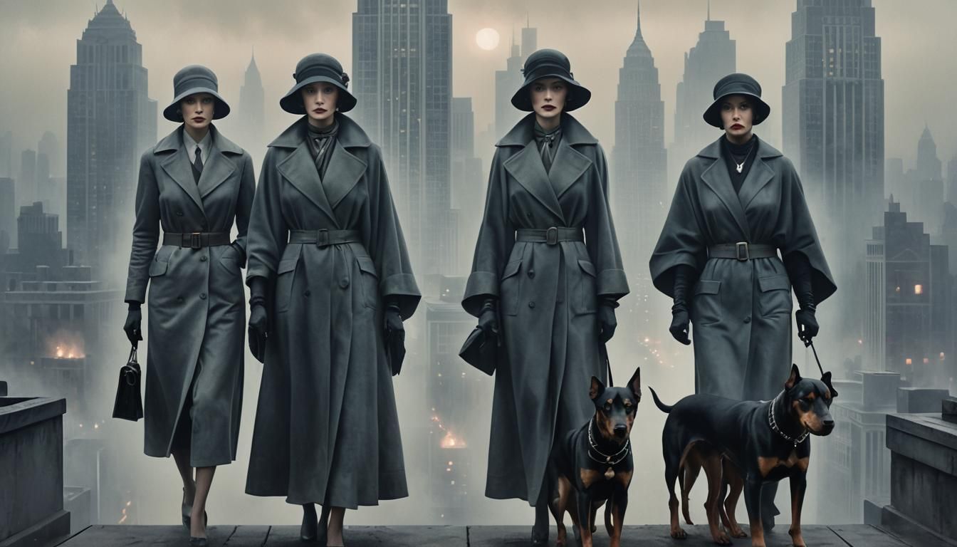 Eerie Art Deco: Women and Dobermanns in Fog