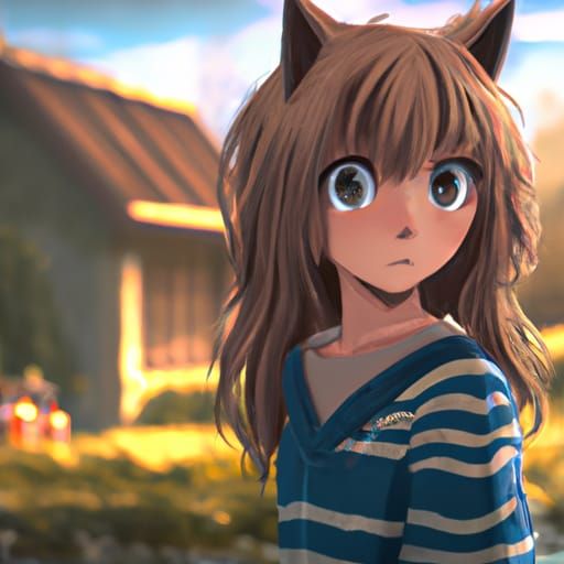 Anime Cat-Girl in Striped Sweater, Key Visual